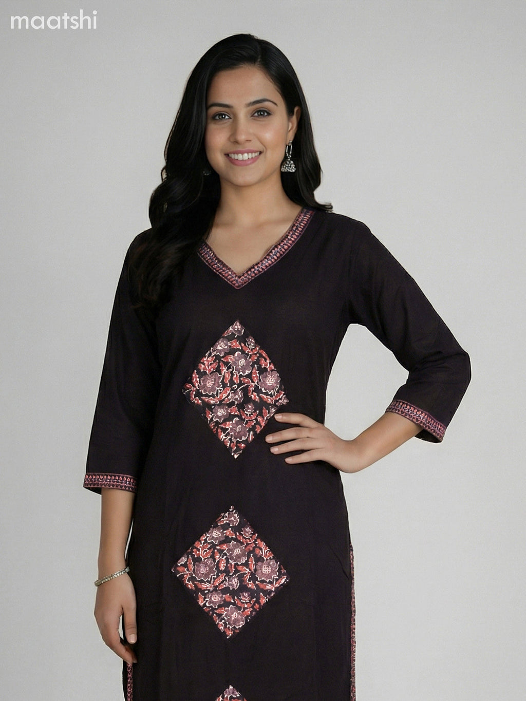 Black Cotton Patch Work Straight Suit