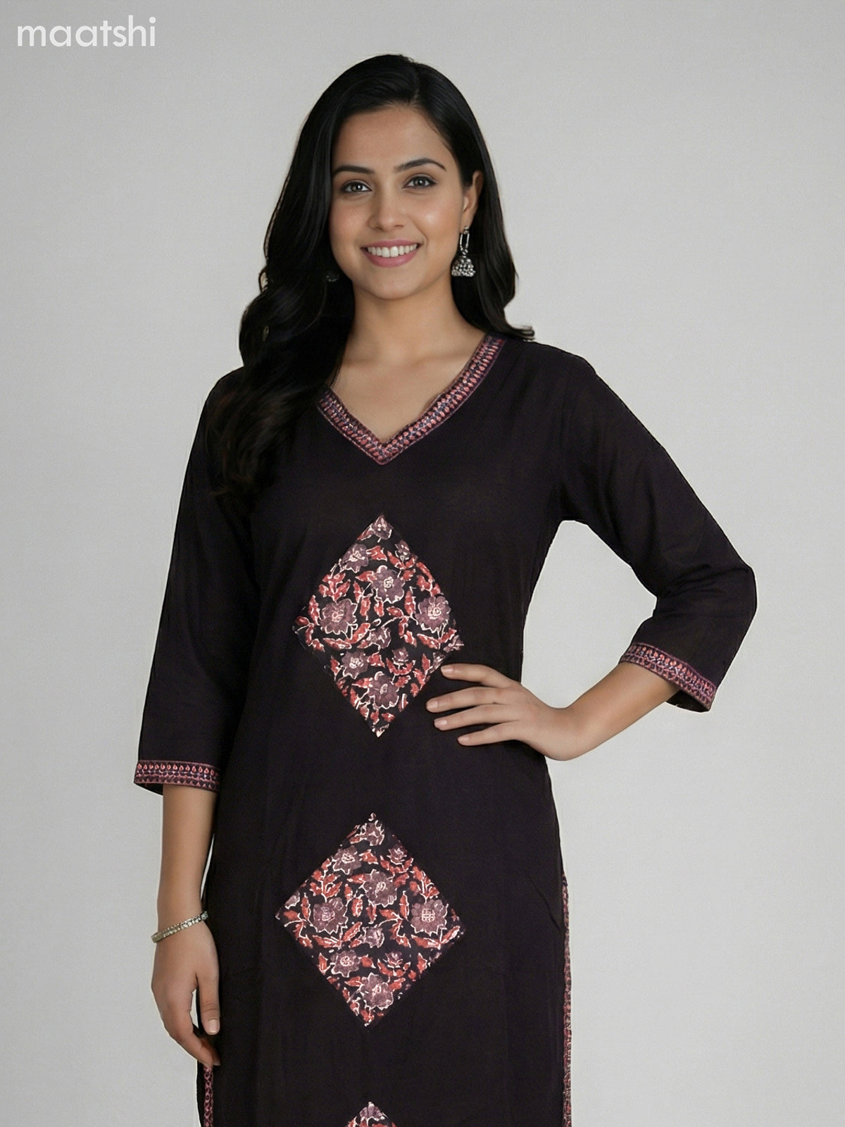 Black Cotton Patch Work Straight Suit