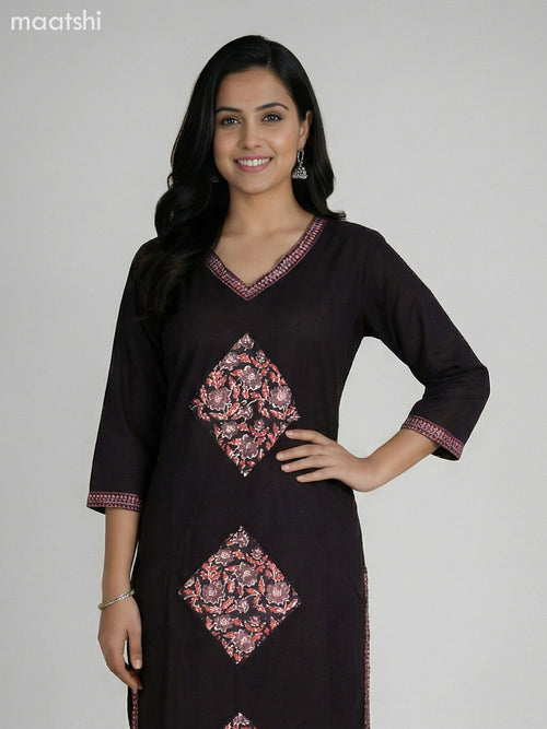 Black Cotton Patch Work Straight Suit