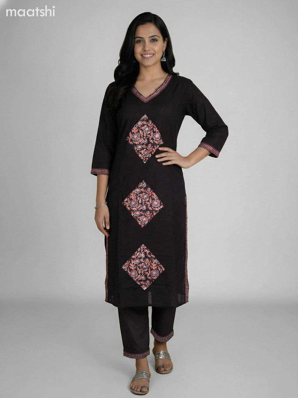 Black Cotton Patch Work Straight Suit