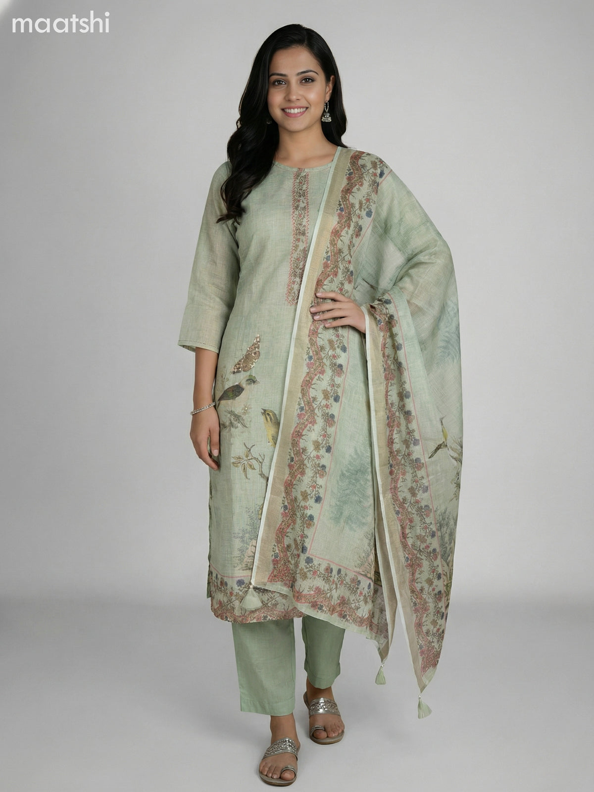 Pastel Green Tissue Linen With Kantha Stich Work Straight Suit