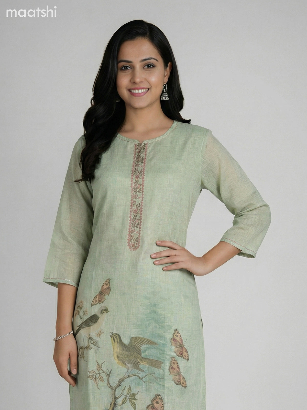 Pastel Green Tissue Linen With Kantha Stich Work Straight Suit
