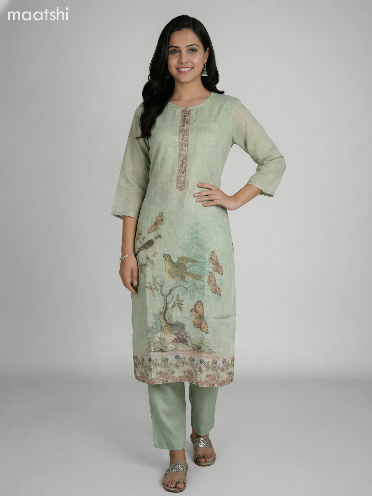 Pastel Green Tissue Linen With Kantha Stich Work Straight Suit