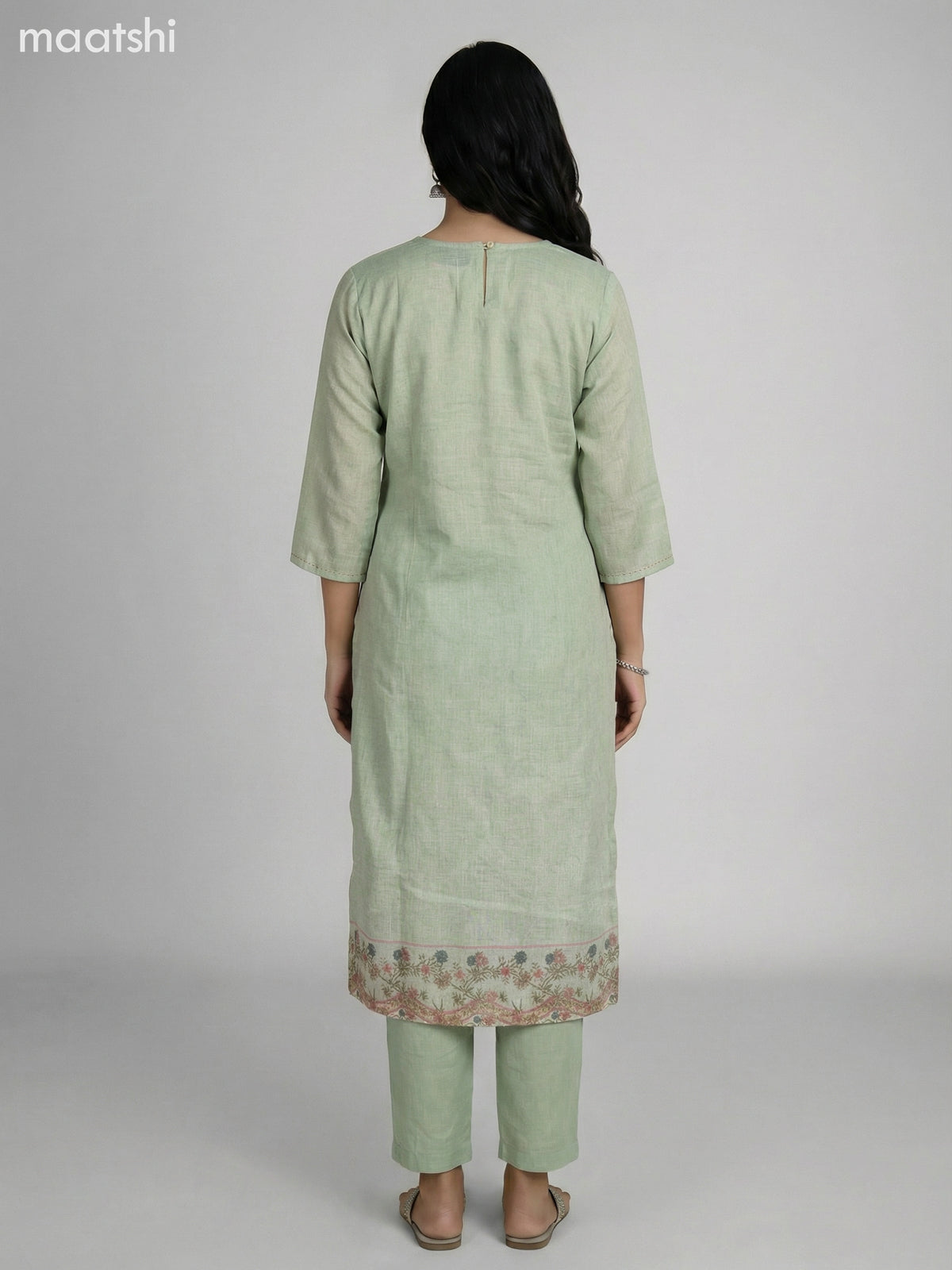 Pastel Green Tissue Linen With Kantha Stich Work Straight Suit