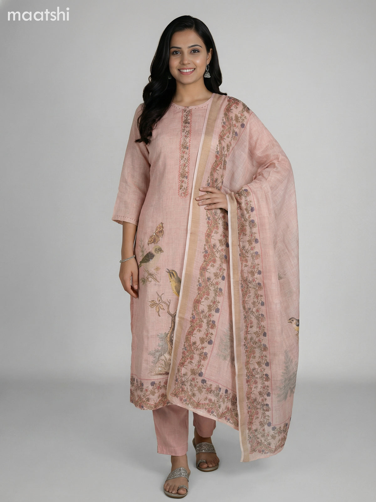 Peach Shade Tissue Linen With Kantha Stich Work Straight Suit