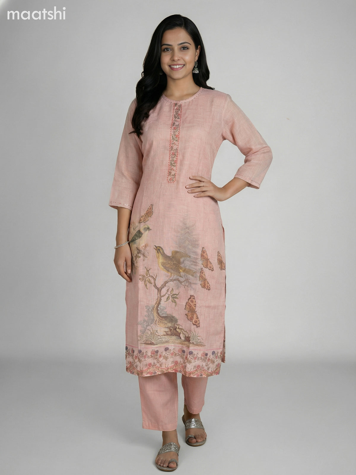Peach Shade Tissue Linen With Kantha Stich Work Straight Suit