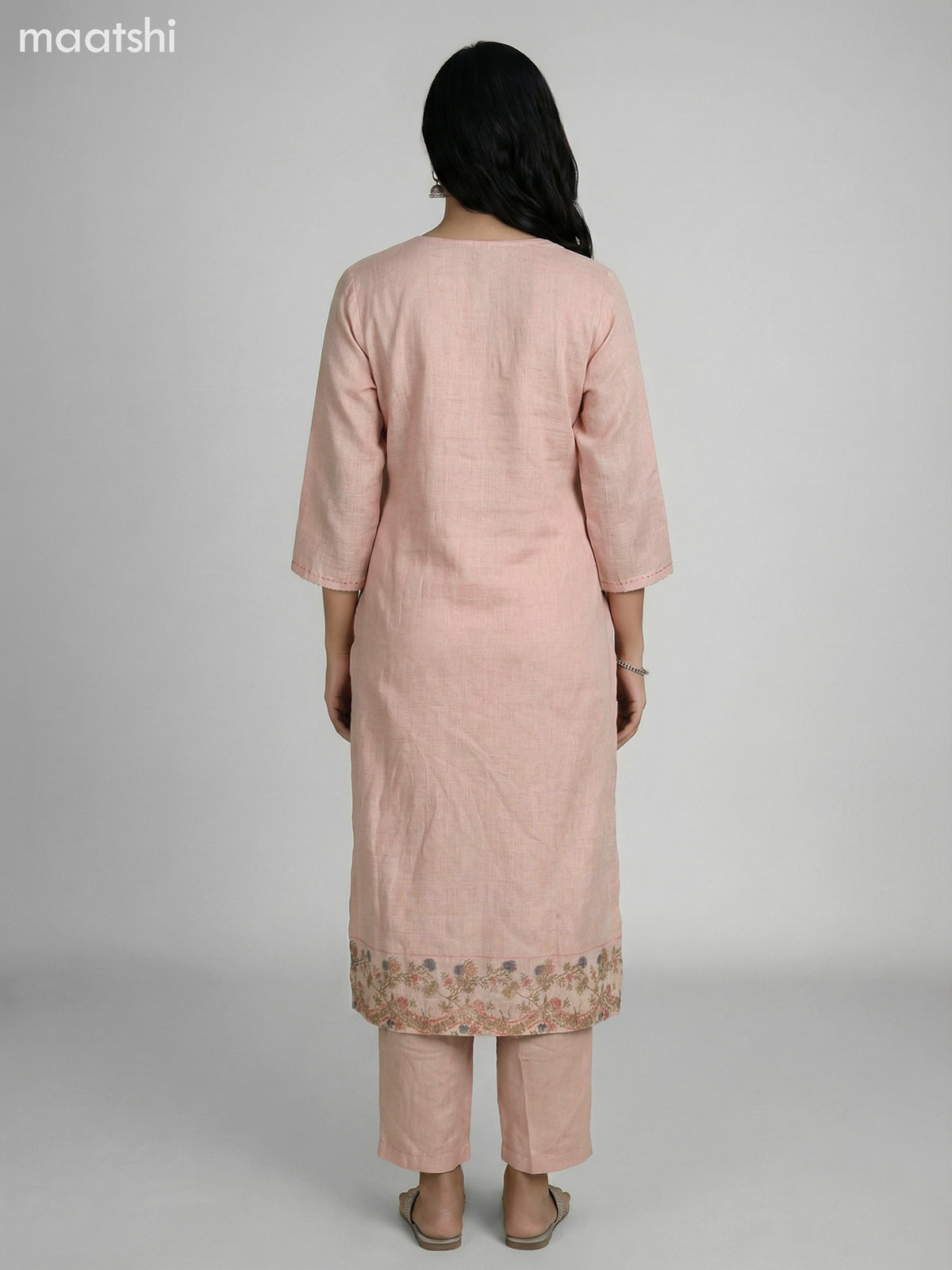 Peach Shade Tissue Linen With Kantha Stich Work Straight Suit