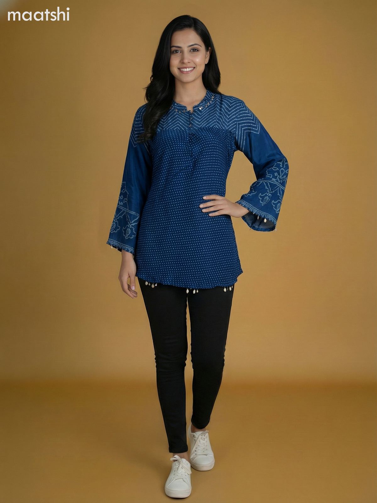 Peacock Blue Crepe Silk Bandhini Printed Short Kurti