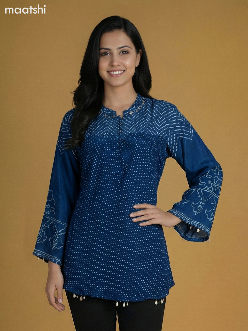 Peacock Blue Crepe Silk Bandhini Printed Short Kurti