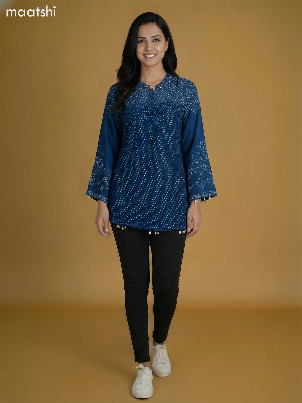 Peacock Blue Crepe Silk Bandhini Printed Short Kurti