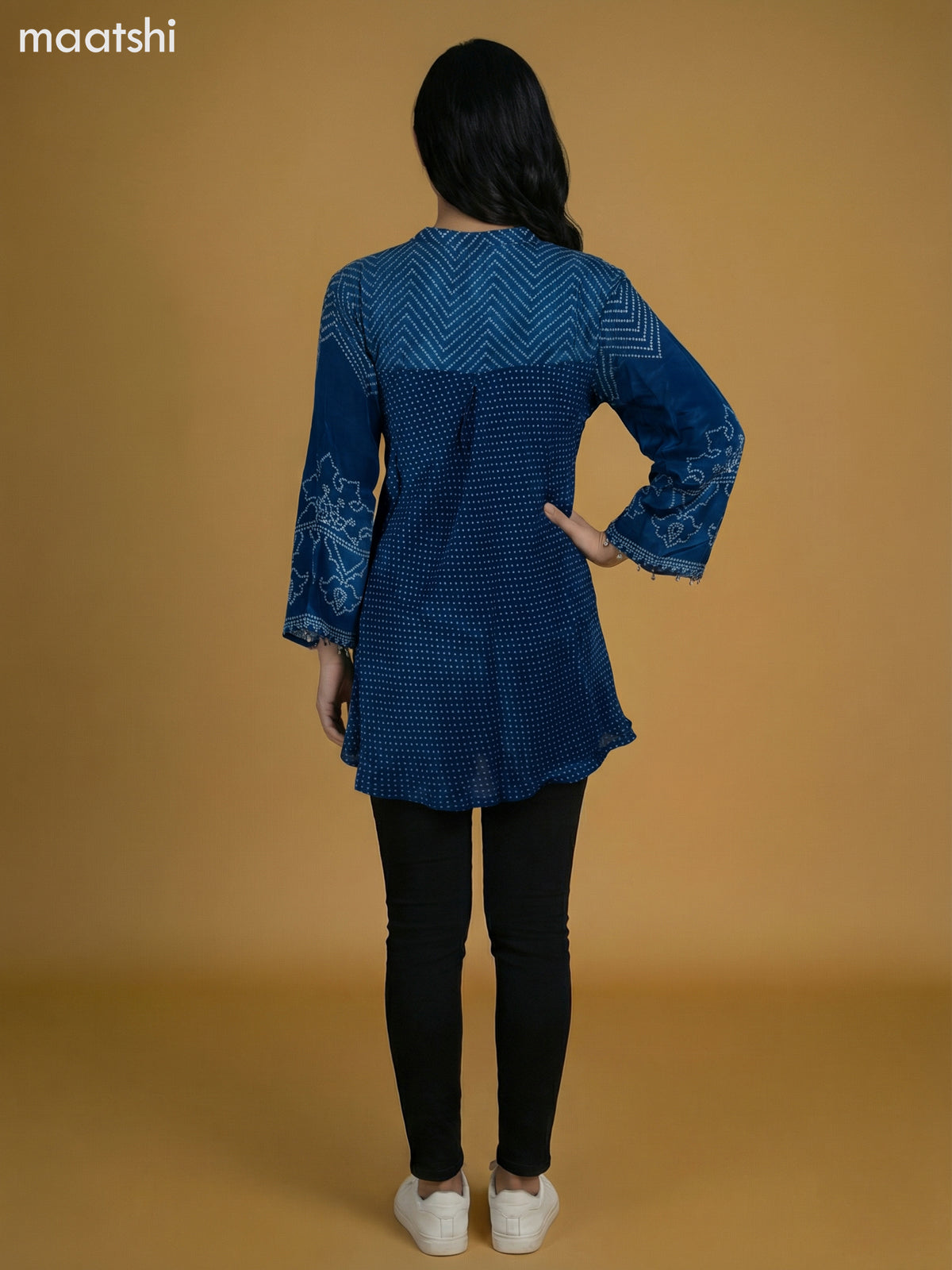 Peacock Blue Crepe Silk Bandhini Printed Short Kurti