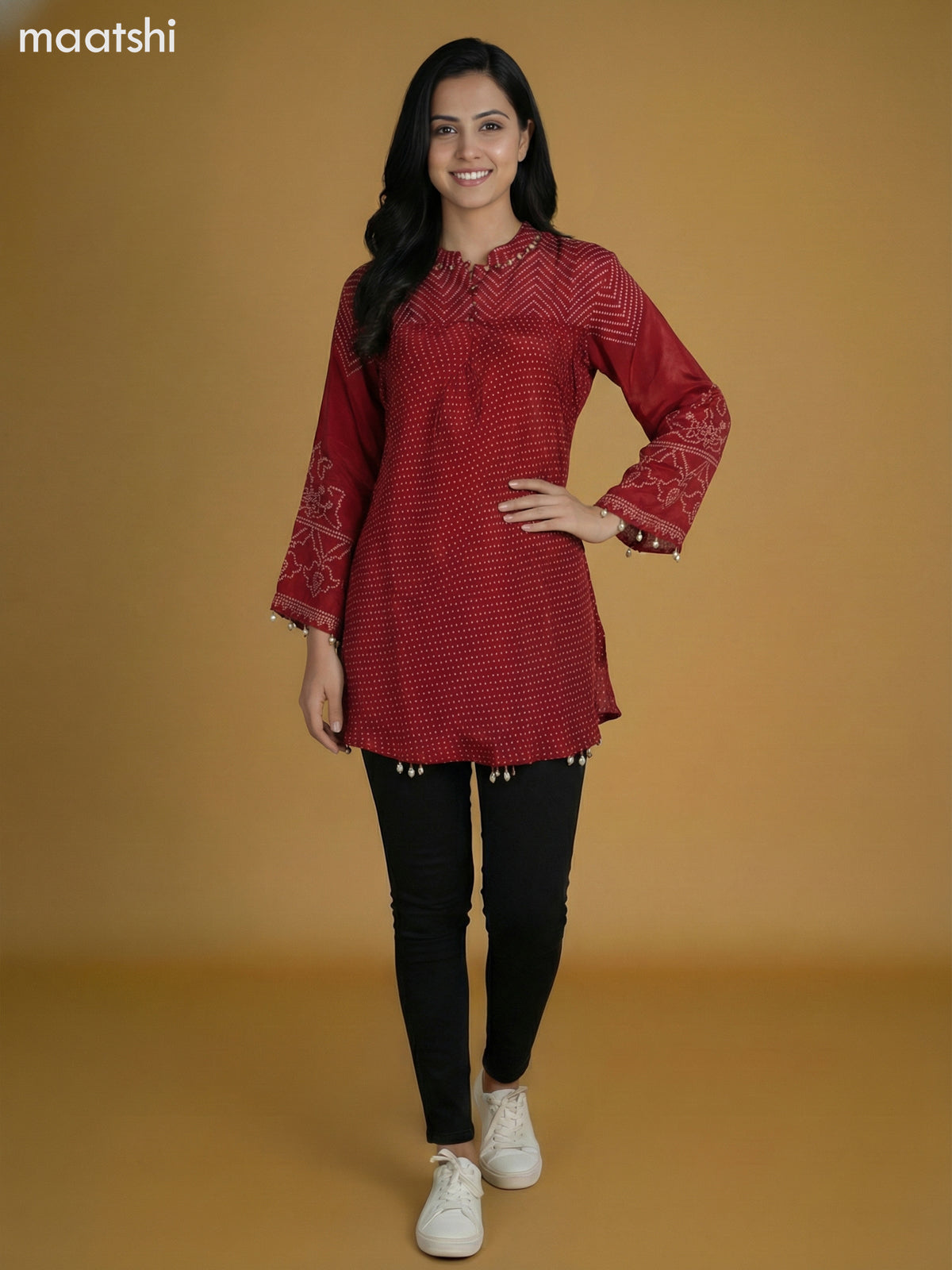 Maroon Crepe Silk Bandhini Printed Short Kurti