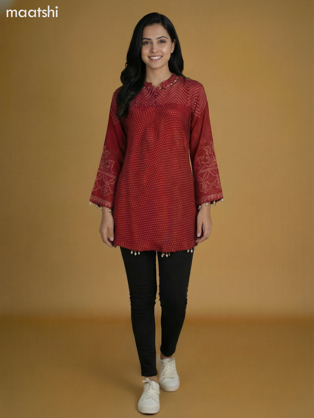 Maroon Crepe Silk Bandhini Printed Short Kurti