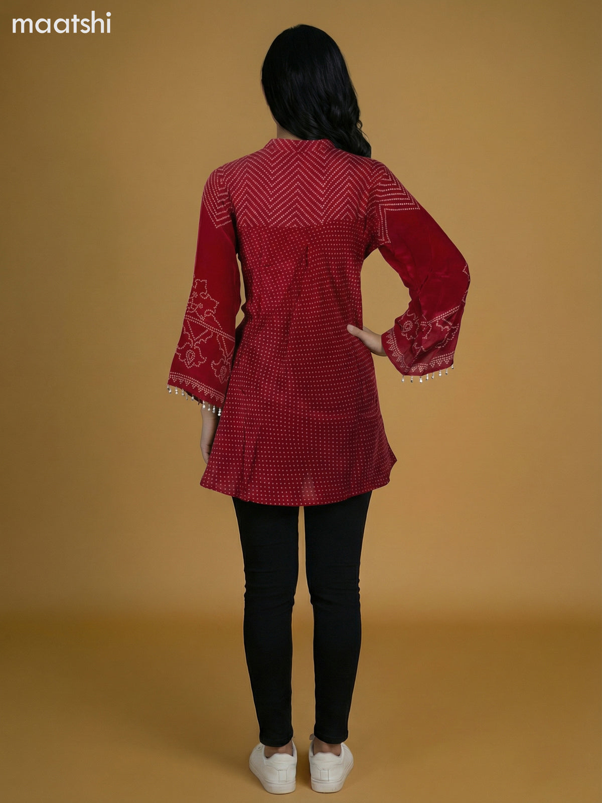 Maroon Crepe Silk Bandhini Printed Short Kurti