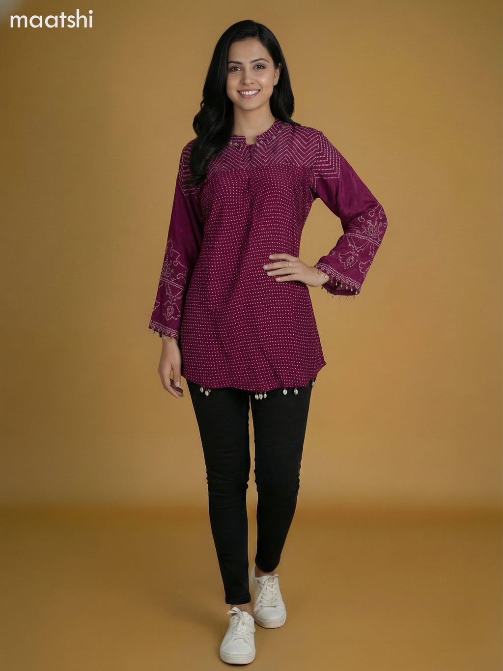 Magenta Pink Crepe Silk Bandhini Printed Short Kurti