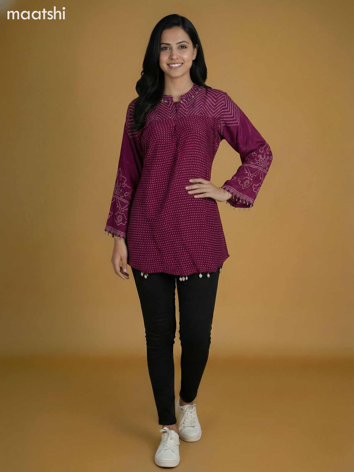 Magenta Pink Crepe Silk Bandhini Printed Short Kurti