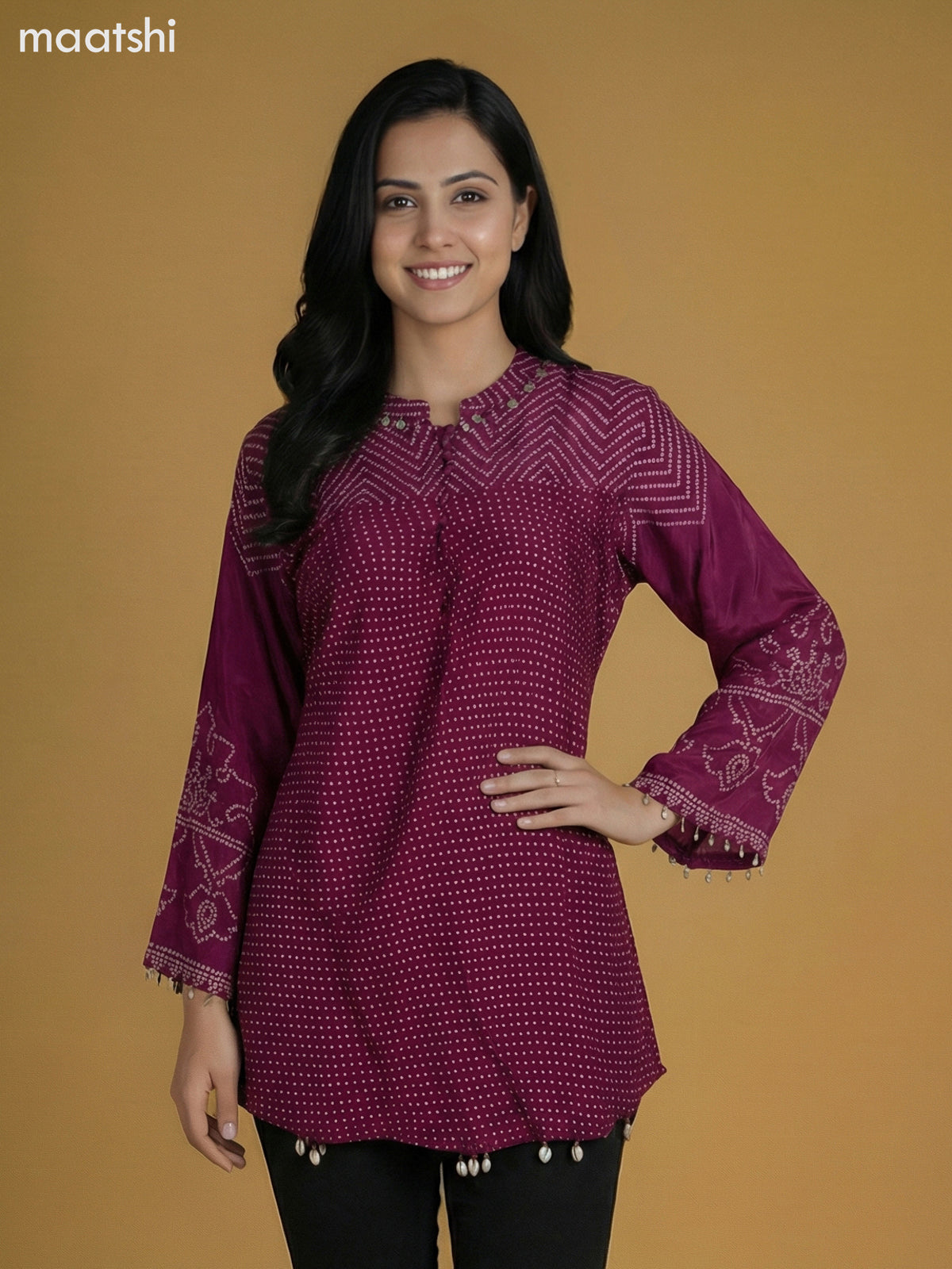 Magenta Pink Crepe Silk Bandhini Printed Short Kurti