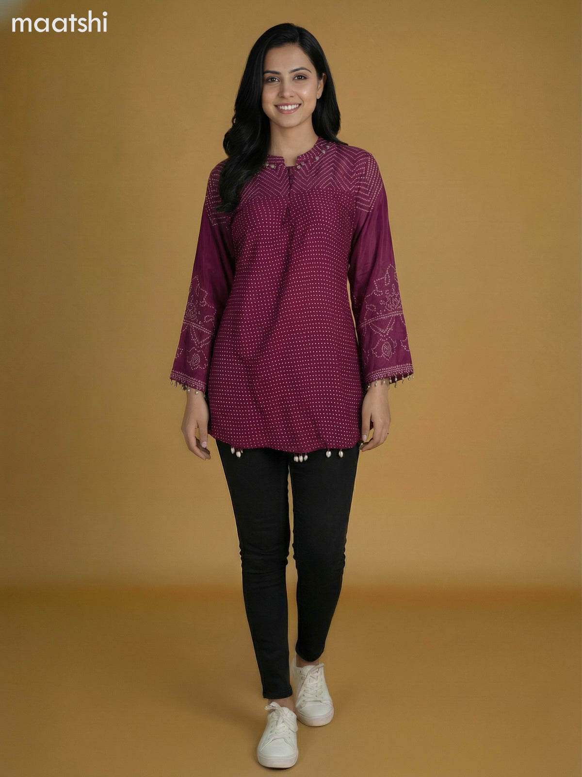 Magenta Pink Crepe Silk Bandhini Printed Short Kurti