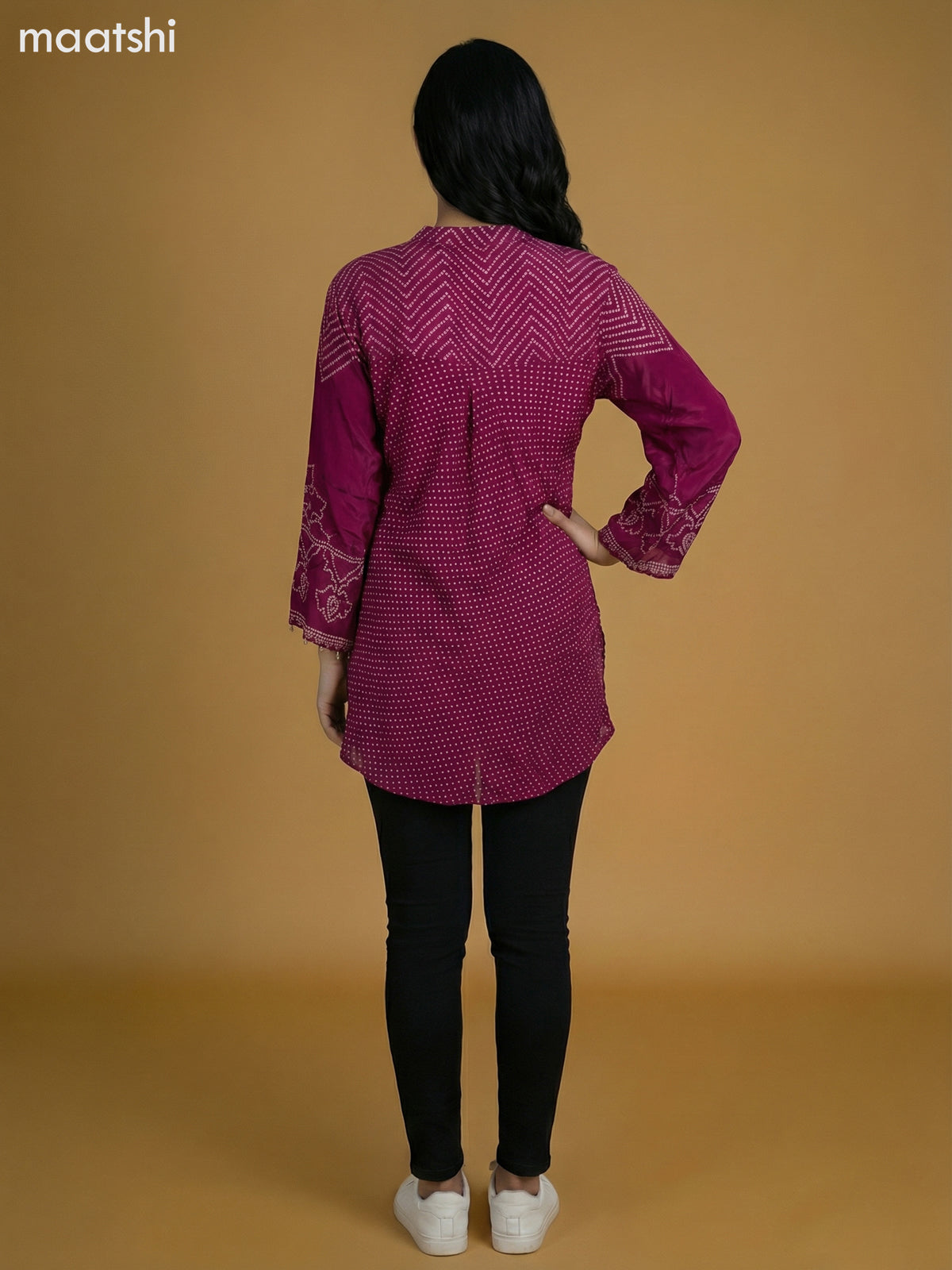 Magenta Pink Crepe Silk Bandhini Printed Short Kurti