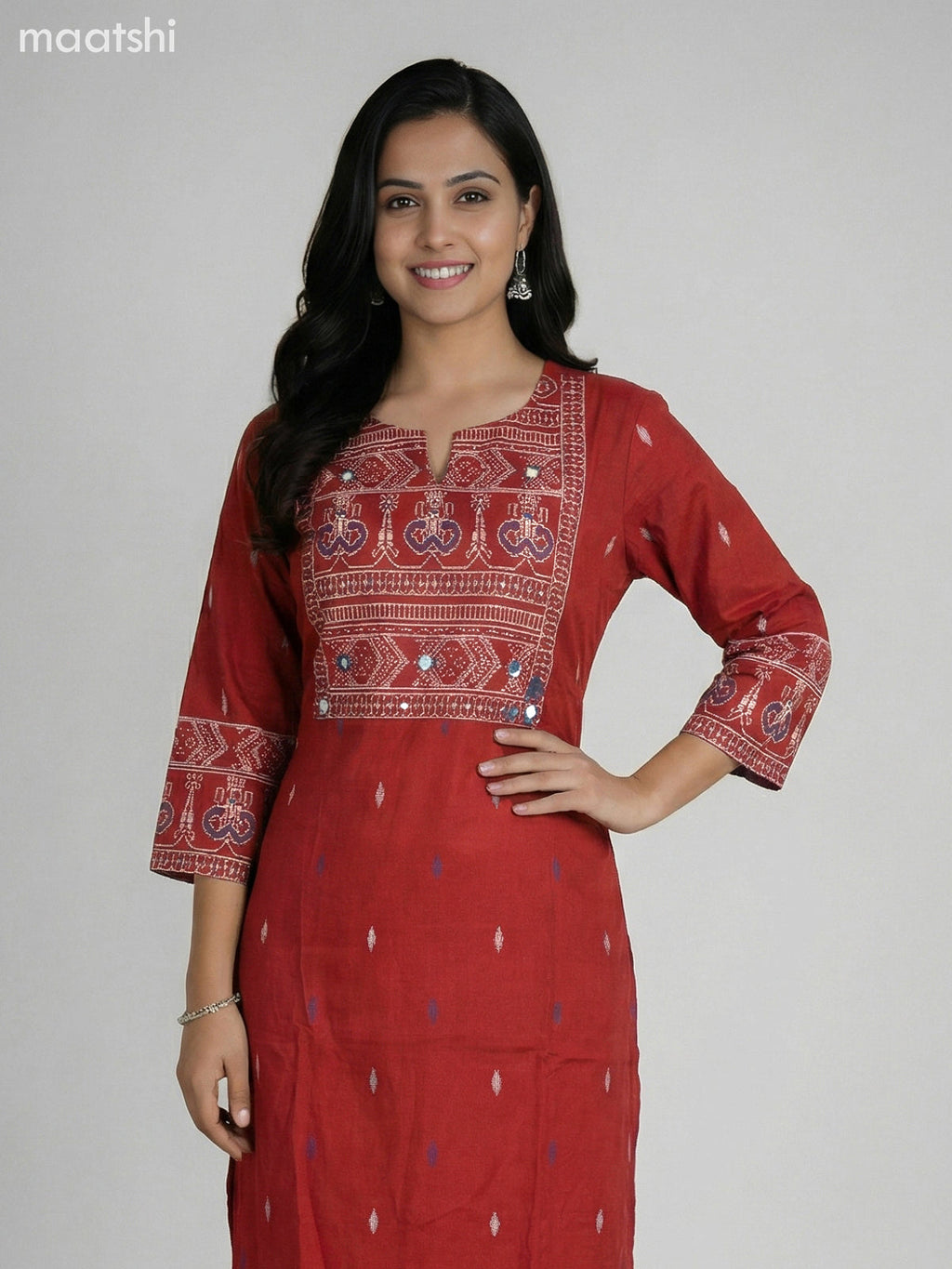 Maroon Cotton Ikat Weaves Neck Pattern Straight Suit