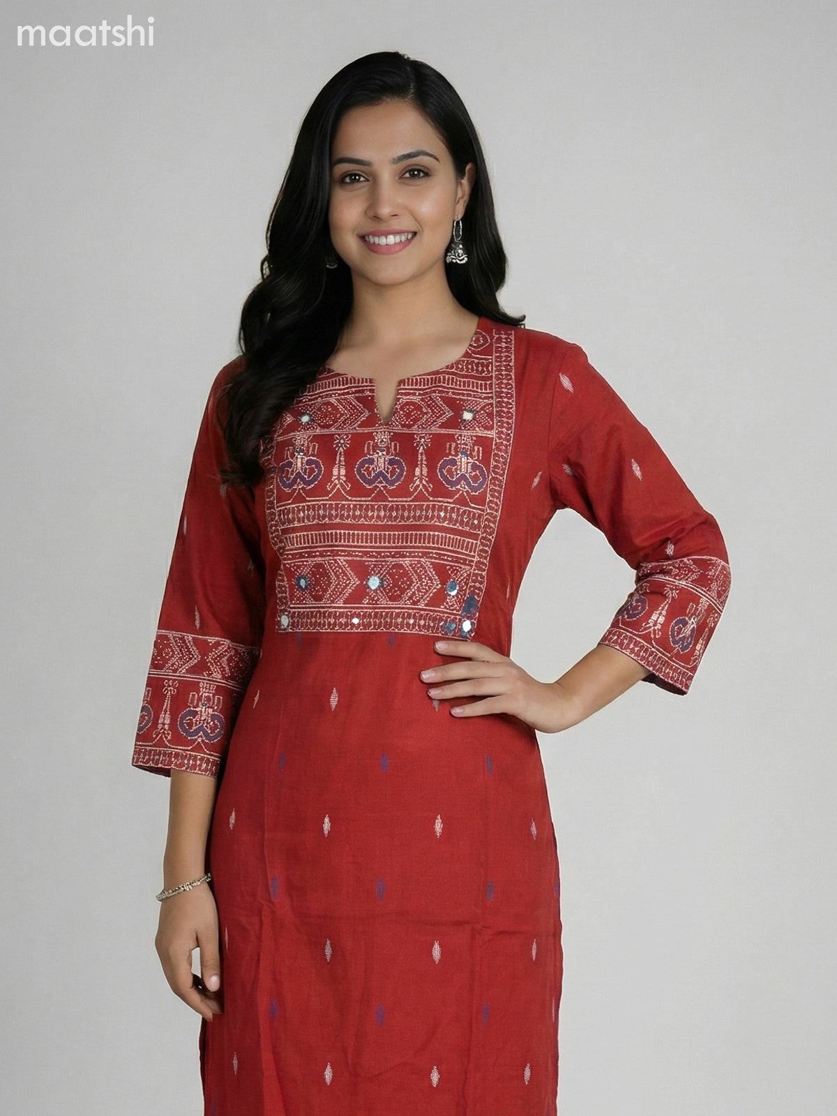 Maroon Cotton Ikat Weaves Neck Pattern Straight Suit