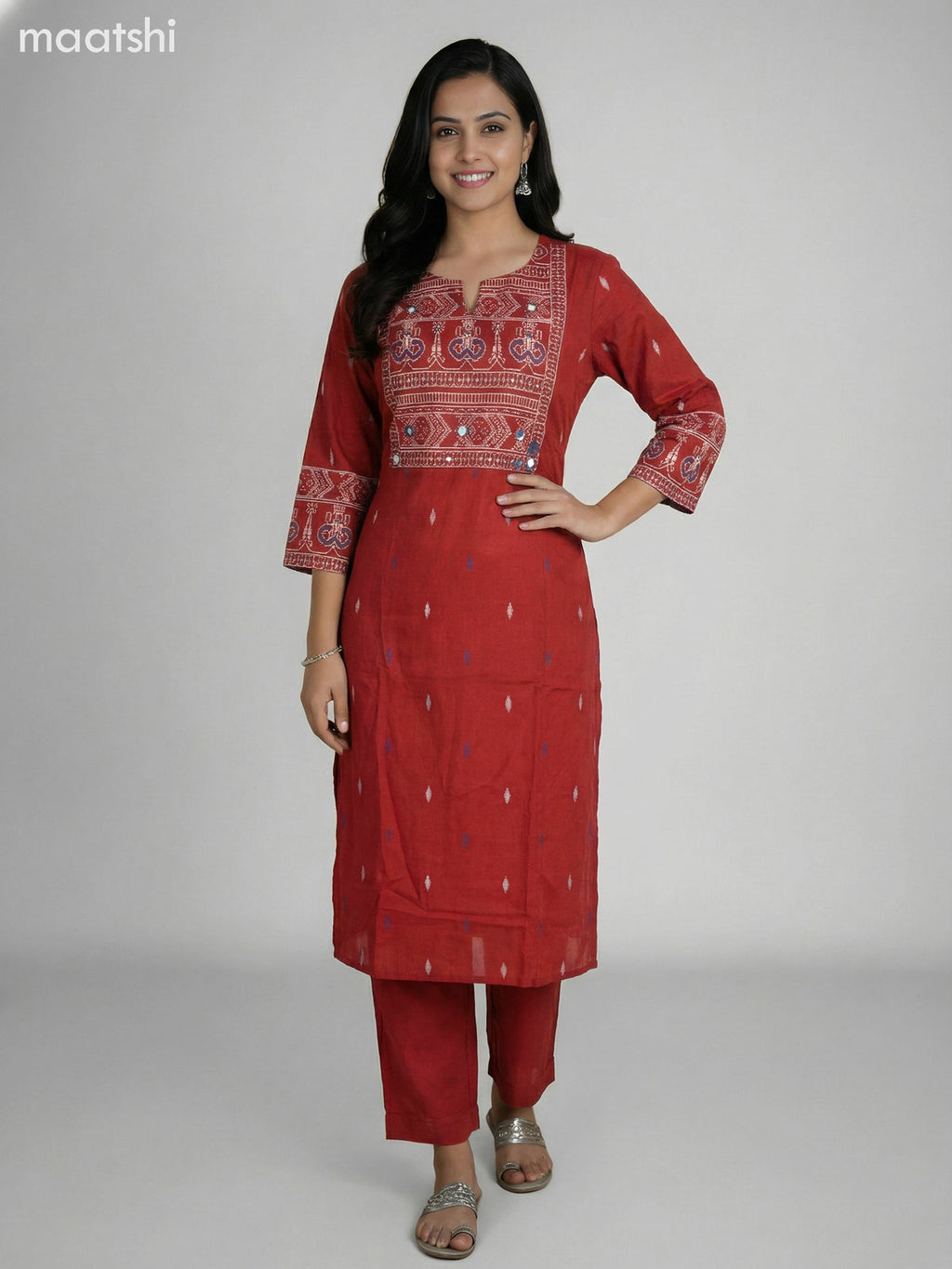 Maroon Cotton Ikat Weaves Neck Pattern Straight Suit