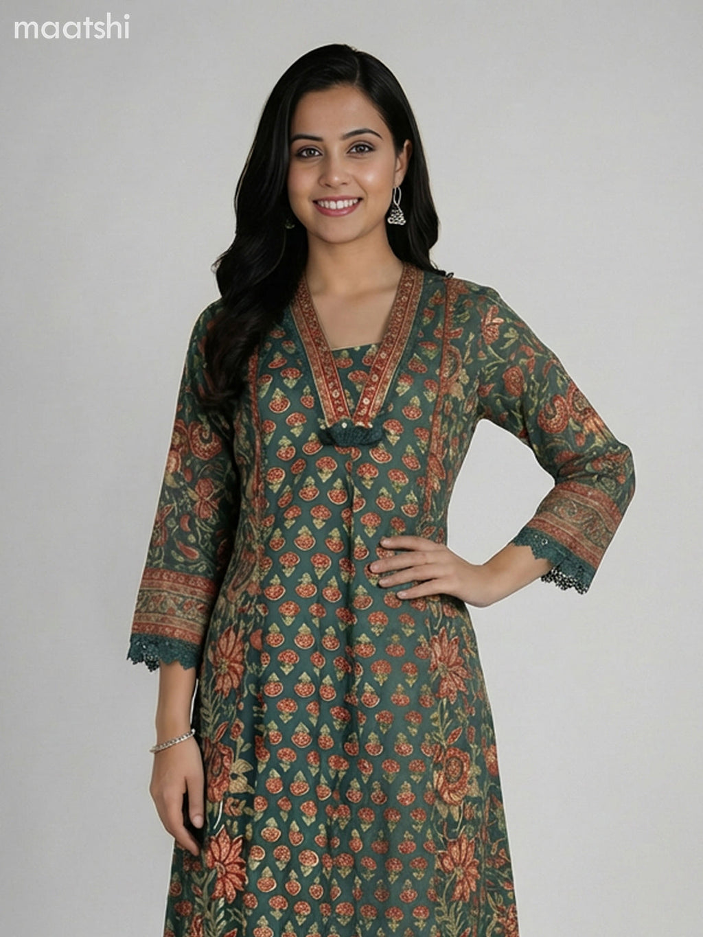 Green Cotton Printed A-Line Suit