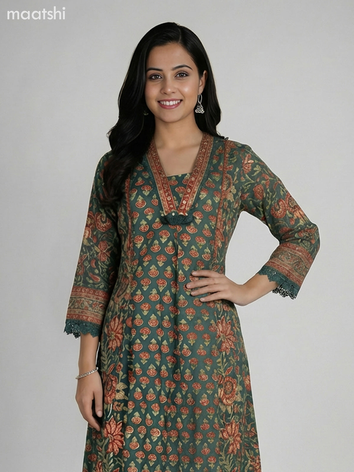 Green Cotton Printed A-Line Suit