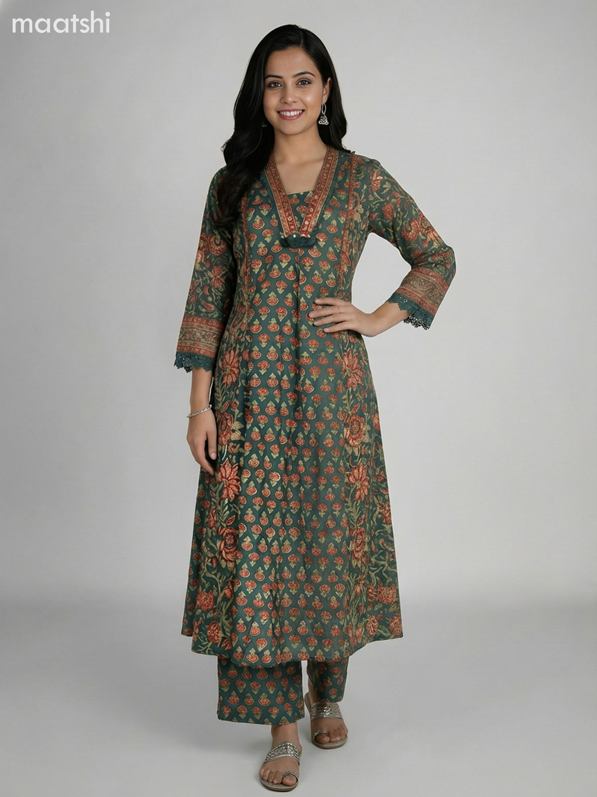 Green Cotton Printed A-Line Suit