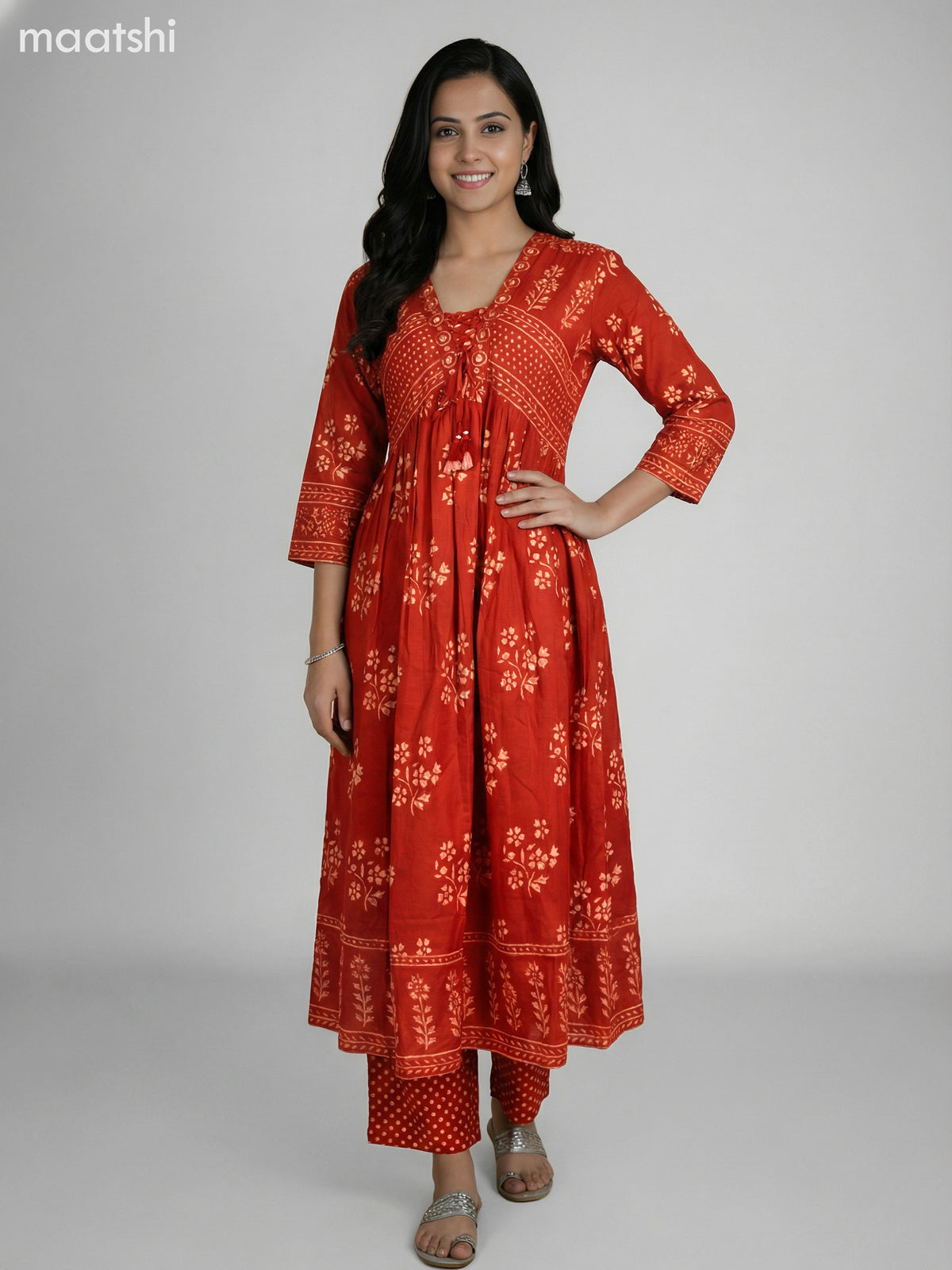 Maroon Cotton Printed Anarkali Suit