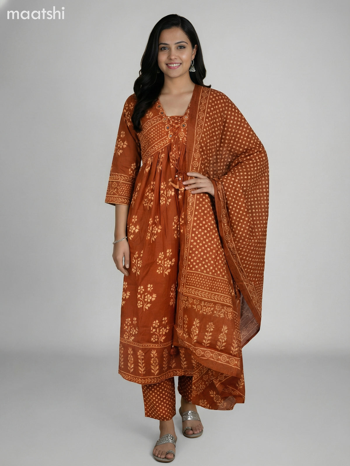 Dark Rust Cotton Printed Anarkali Suit