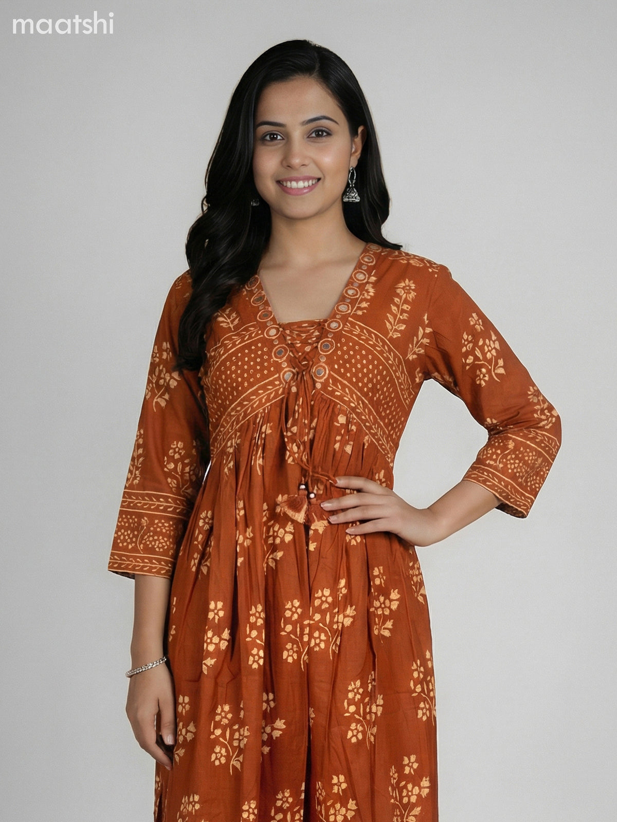 Dark Rust Cotton Printed Anarkali Suit