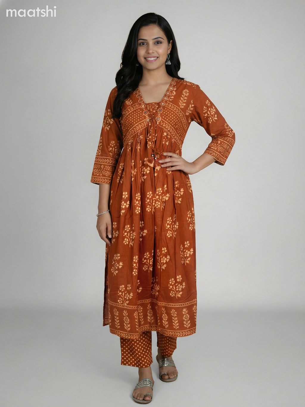 Dark Rust Cotton Printed Anarkali Suit