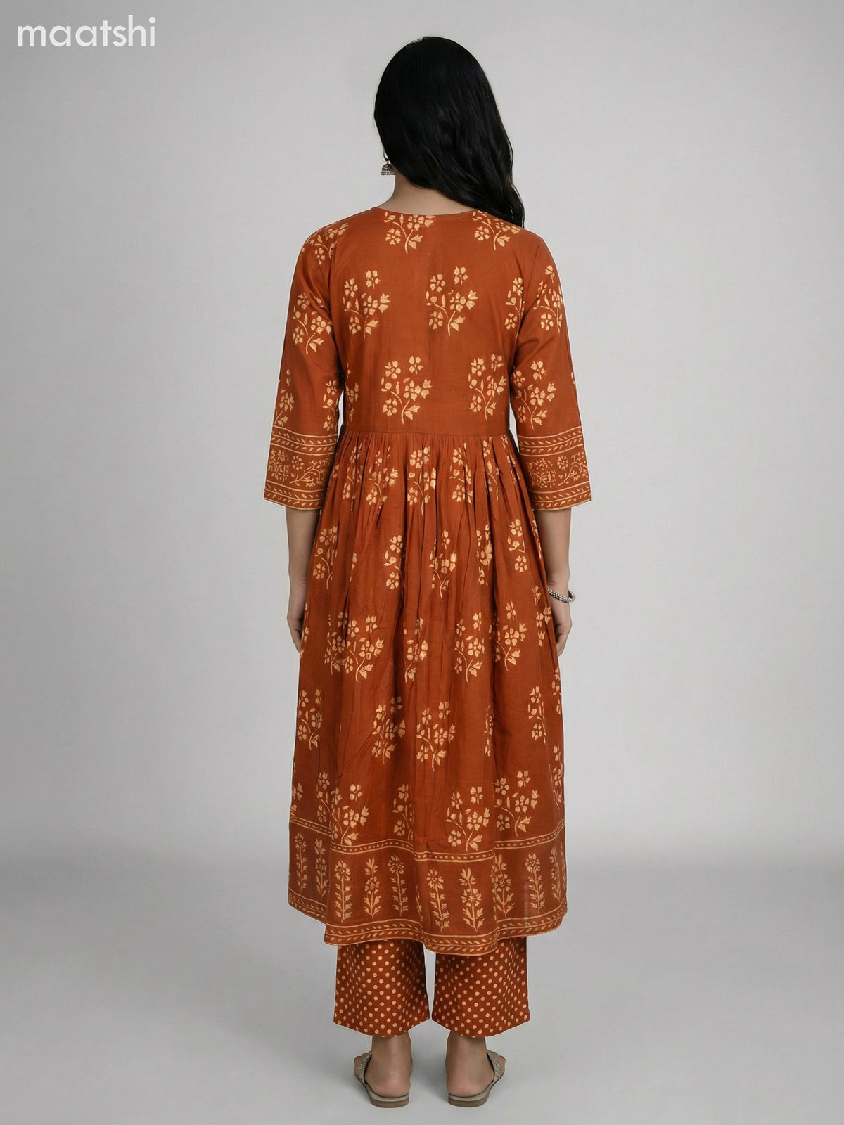 Dark Rust Cotton Printed Anarkali Suit