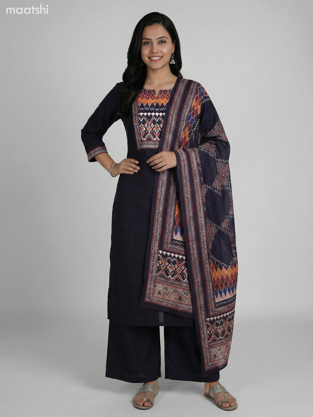 Black Cotton Ikat Weaves Neck Pattern Straight Suit Palazzo Pant