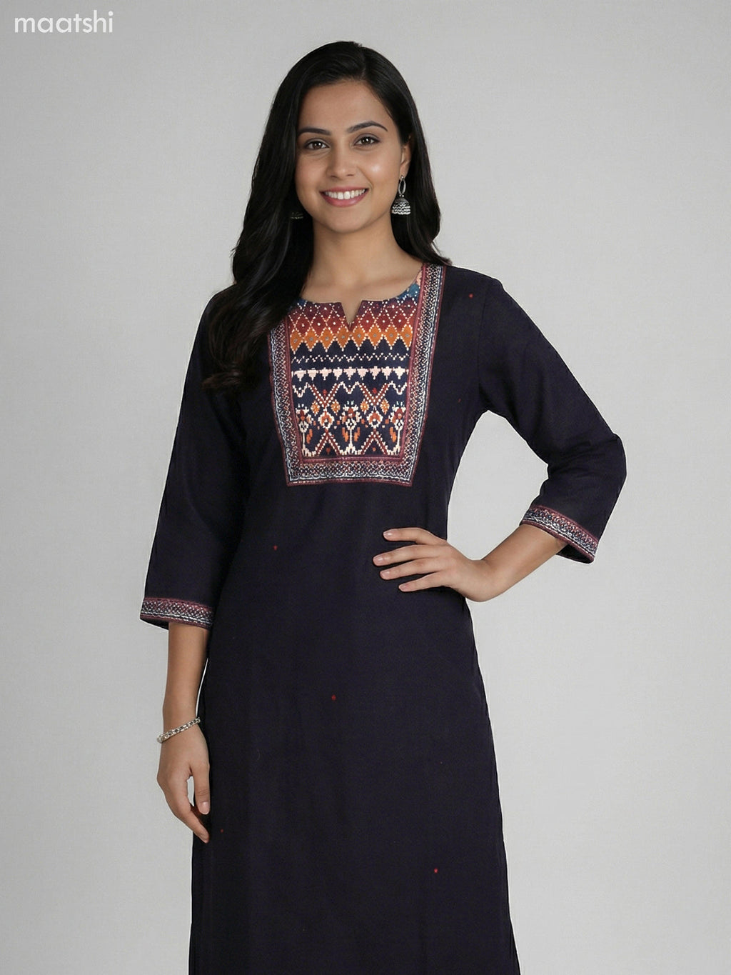 Black Cotton Ikat Weaves Neck Pattern Straight Suit Palazzo Pant