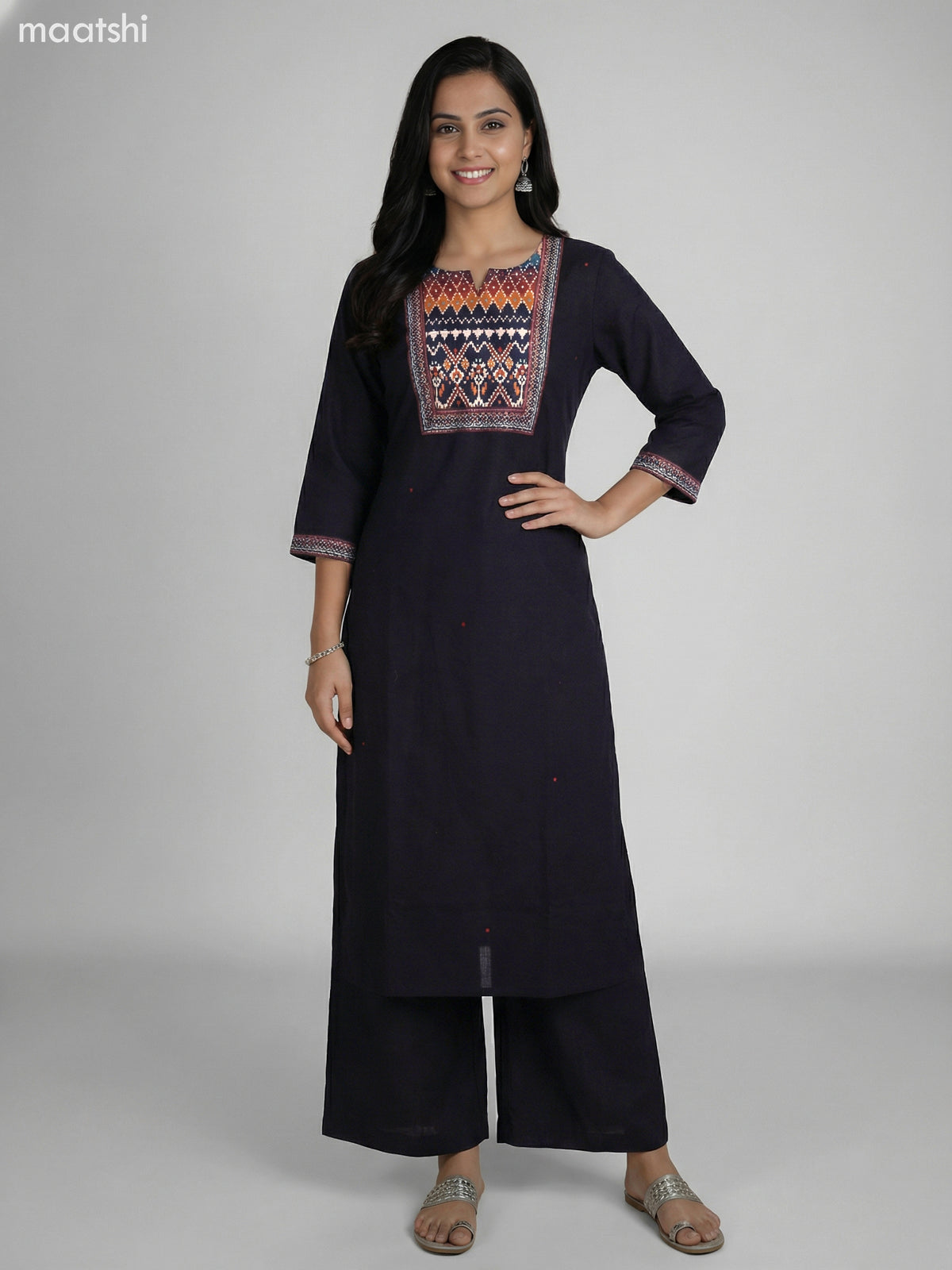 Black Cotton Ikat Weaves Neck Pattern Straight Suit Palazzo Pant