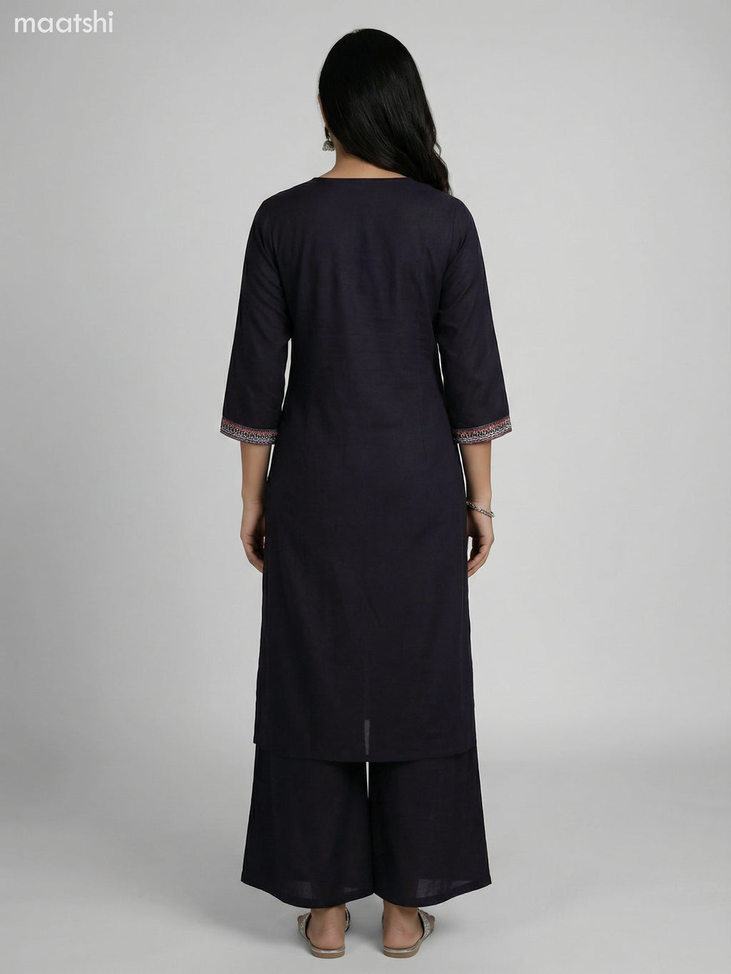 Black Cotton Ikat Weaves Neck Pattern Straight Suit Palazzo Pant