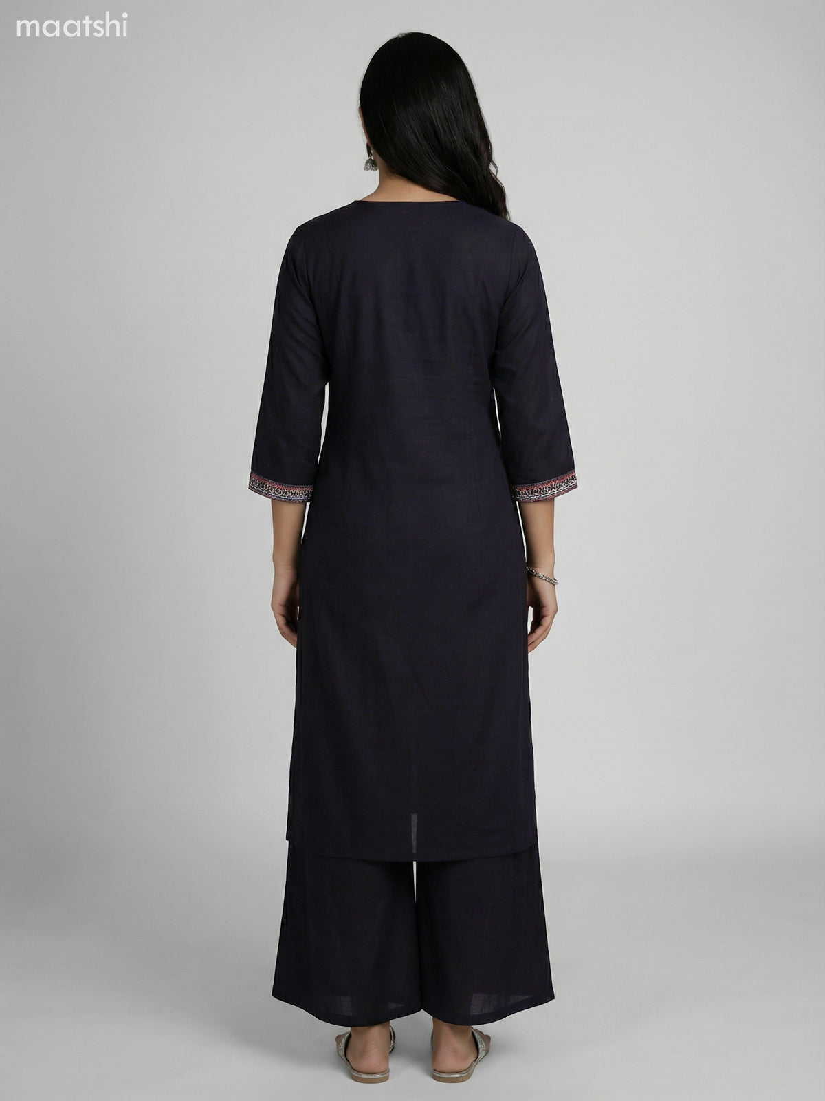 Black Cotton Ikat Weaves Neck Pattern Straight Suit Palazzo Pant