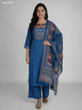 Peacock Blue Cotton Ikat Weaves Neck Pattern Straight Suit Palazzo Pant