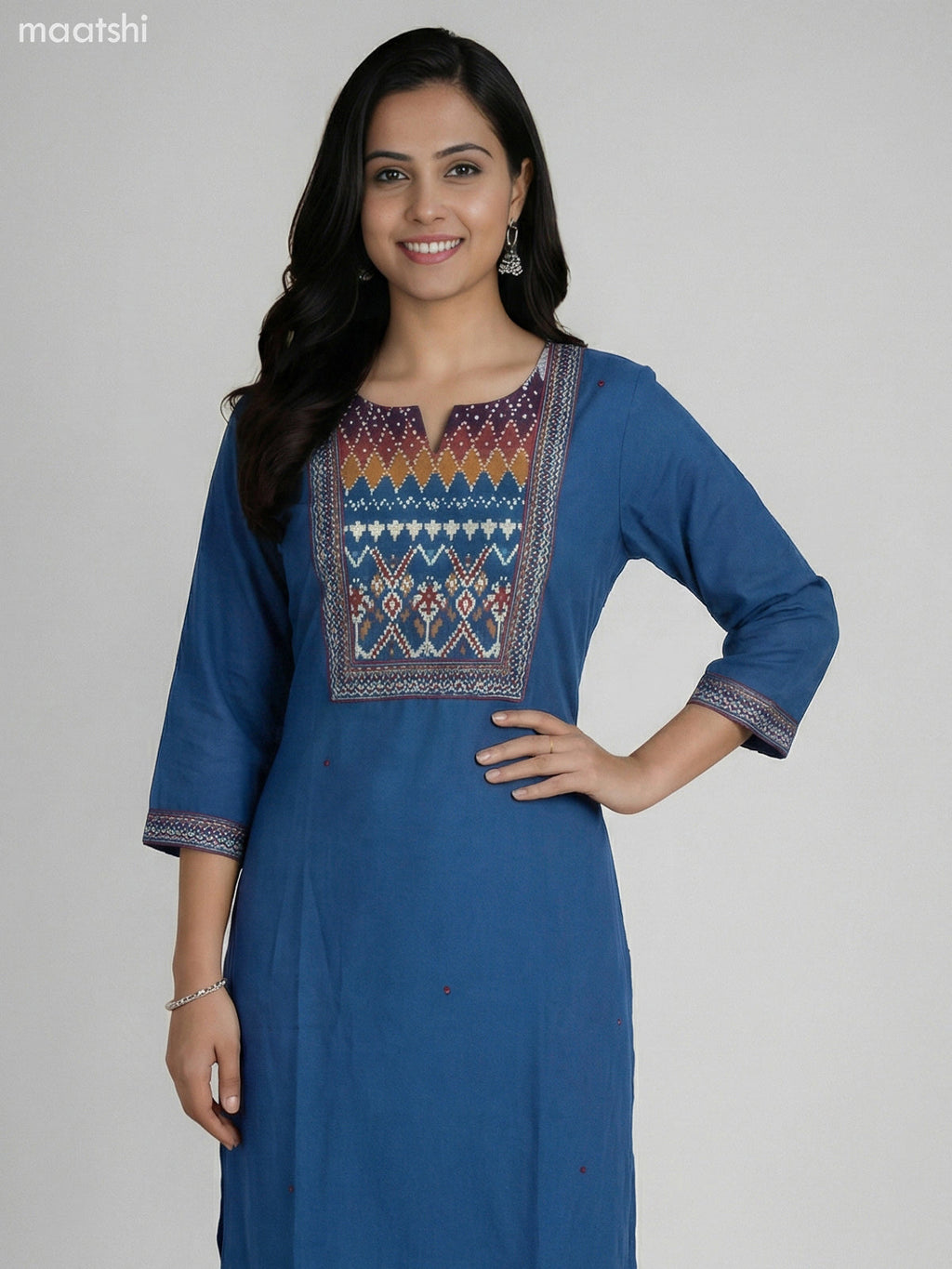 Peacock Blue Cotton Ikat Weaves Neck Pattern Straight Suit Palazzo Pant