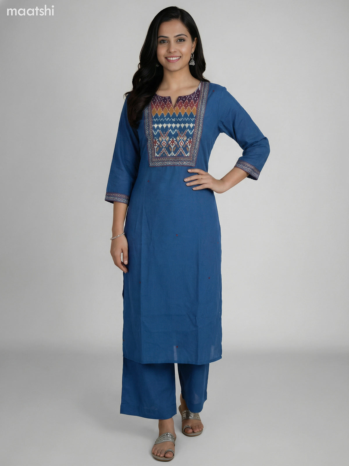 Peacock Blue Cotton Ikat Weaves Neck Pattern Straight Suit Palazzo Pant