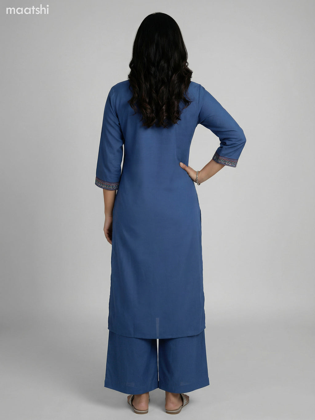 Peacock Blue Cotton Ikat Weaves Neck Pattern Straight Suit Palazzo Pant