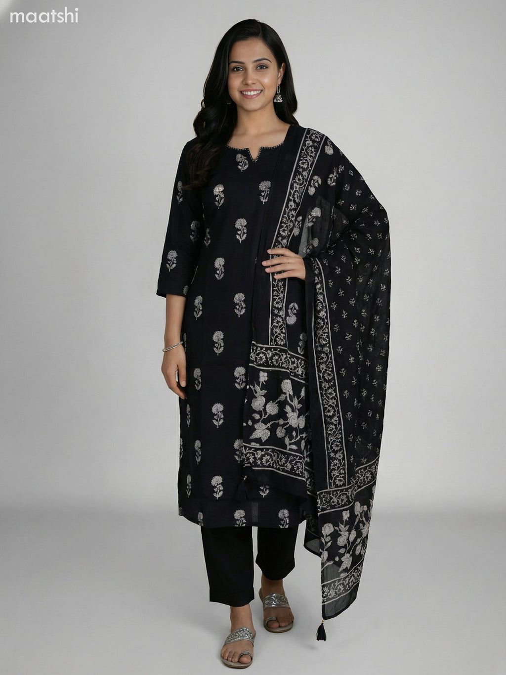 Black Cotton Floral Printed Straight Suit Straight Cut Pant