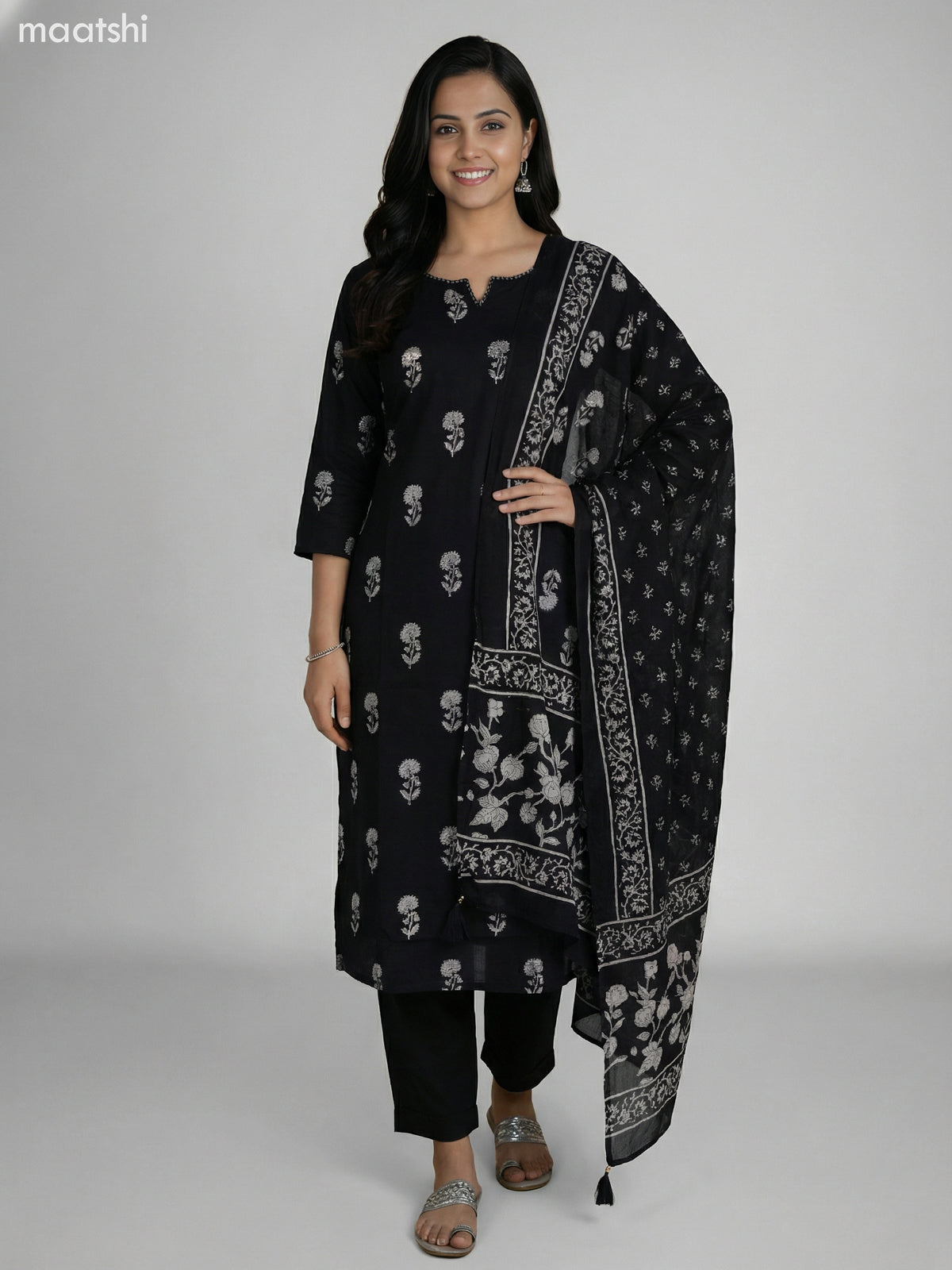 Black Cotton Floral Printed Straight Suit Straight Cut Pant