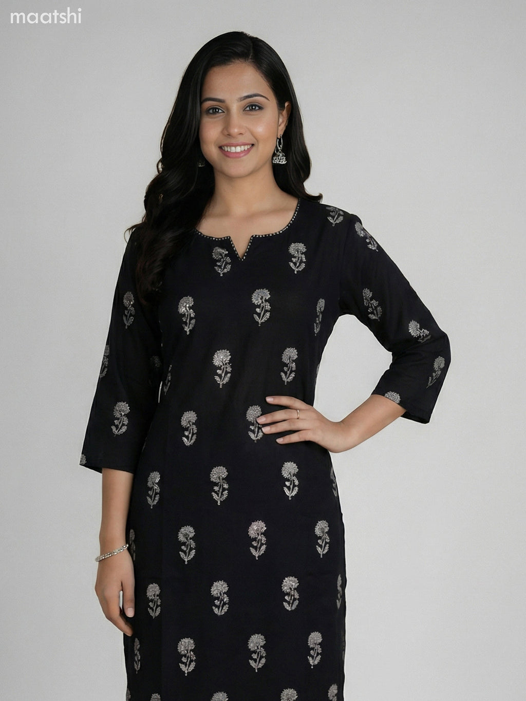 Black Cotton Floral Printed Straight Suit Straight Cut Pant