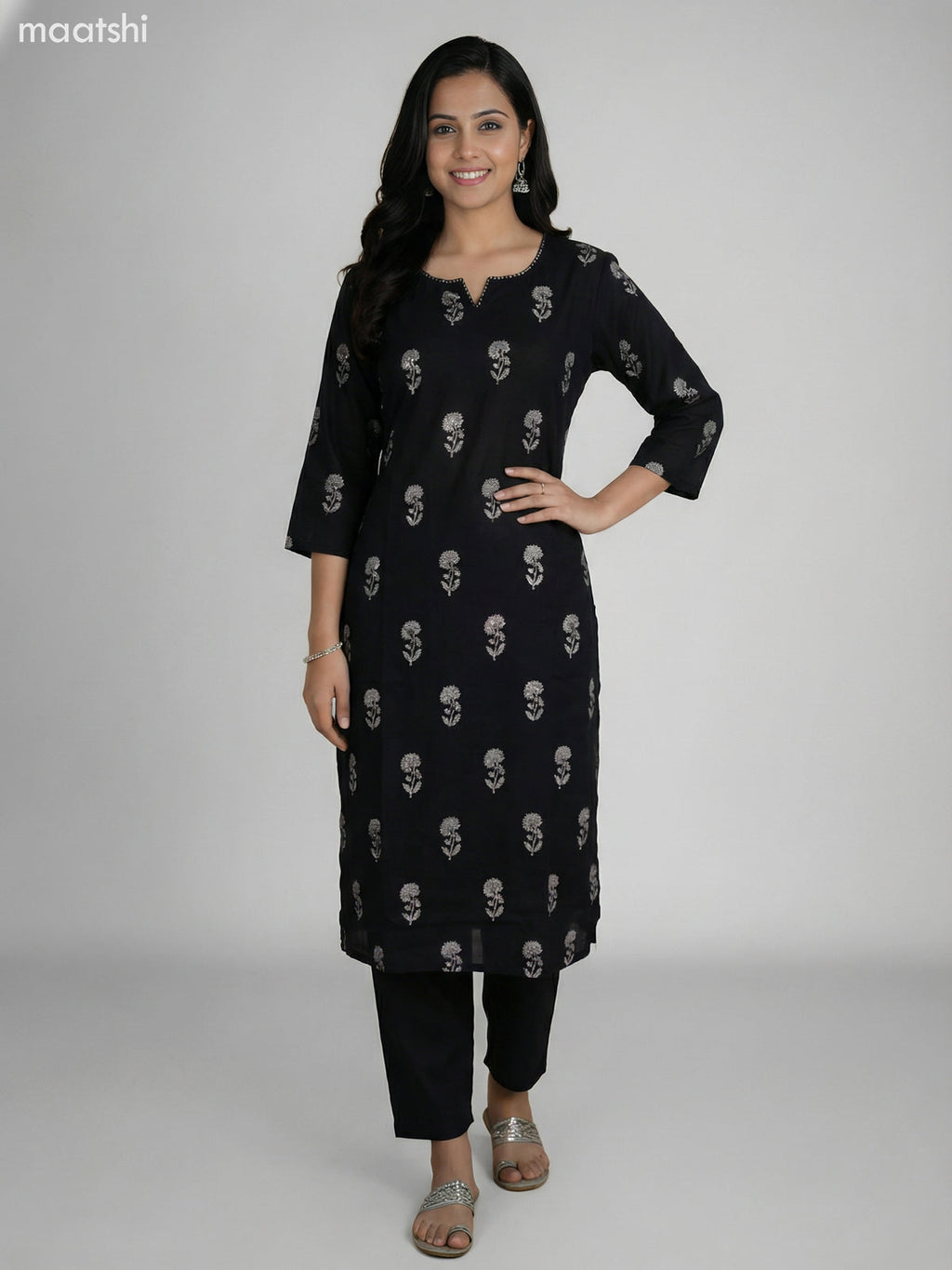 Black Cotton Floral Printed Straight Suit Straight Cut Pant