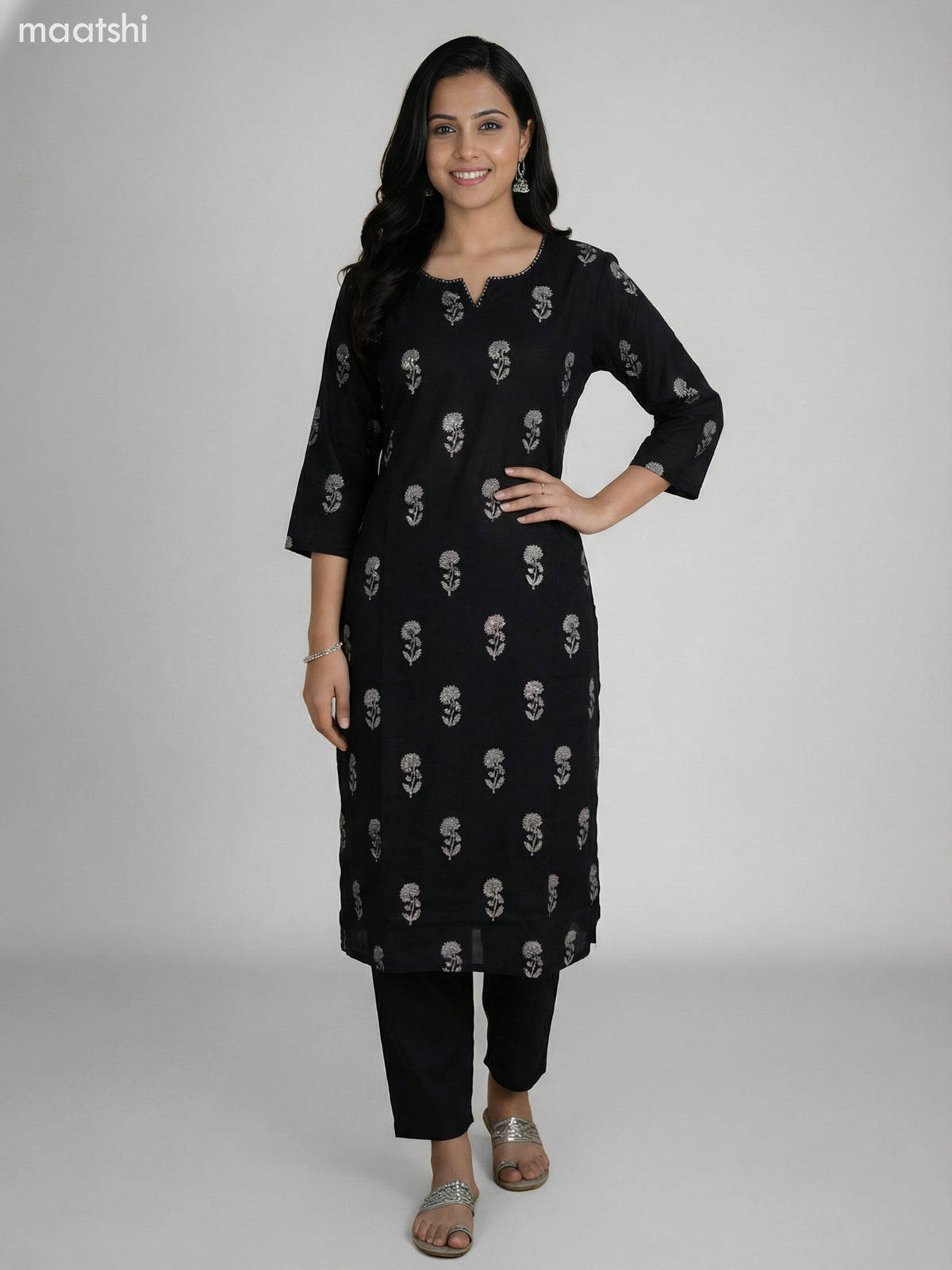 Black Cotton Floral Printed Straight Suit Straight Cut Pant