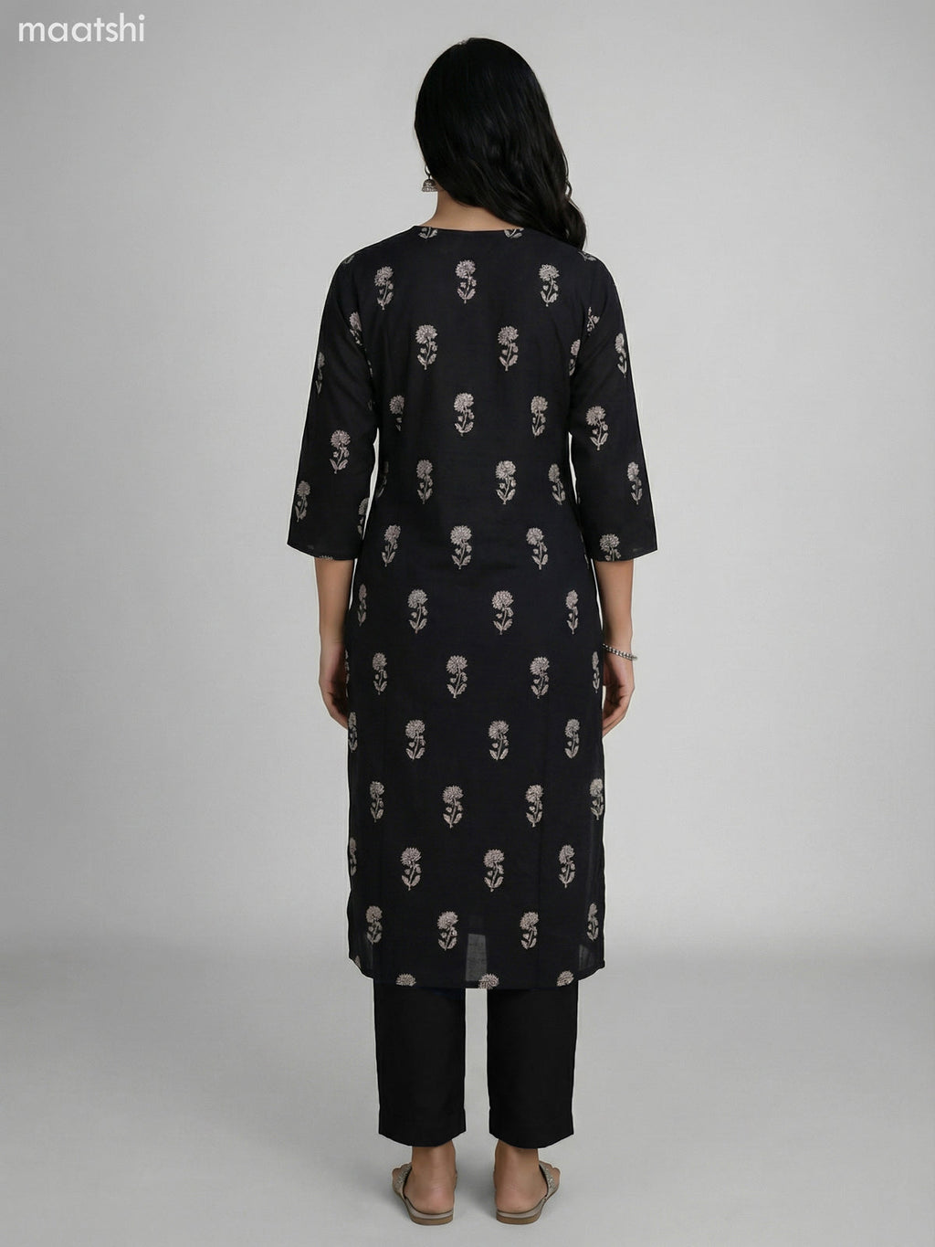 Black Cotton Floral Printed Straight Suit Straight Cut Pant