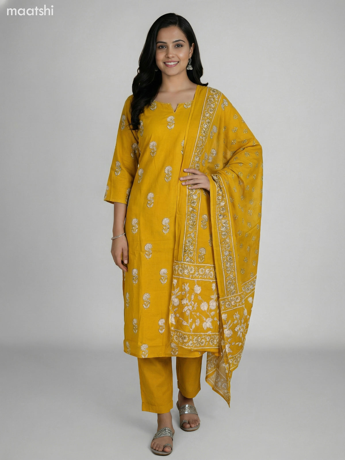 Mustard Yellow Cotton Floral Printed Straight Suit Straight Cut Pant